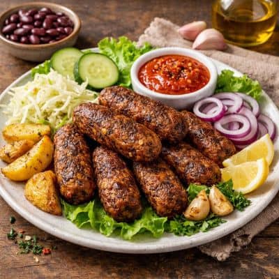 vegane cevapcici mit beilagen