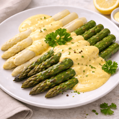 weißer und grüner spargel mit veganer hollandaise