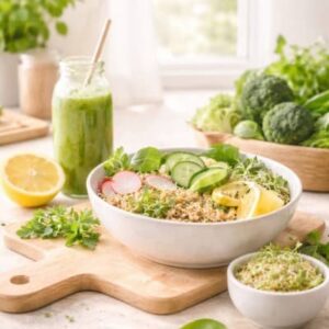 Basisches Gericht mit frischem GemĂĽse, Sprossen und grĂĽnem Smoothie auf KĂĽchentisch