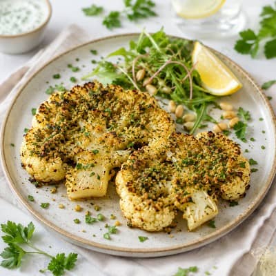 Basische Blumenkohl-Steaks mit Kräuterkruste auf hellem Teller