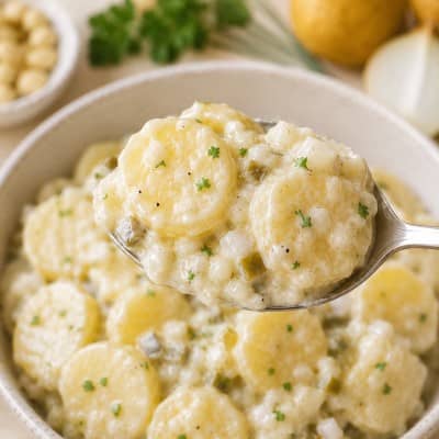 Löffel mit cremigem basischem Kartoffelsalat