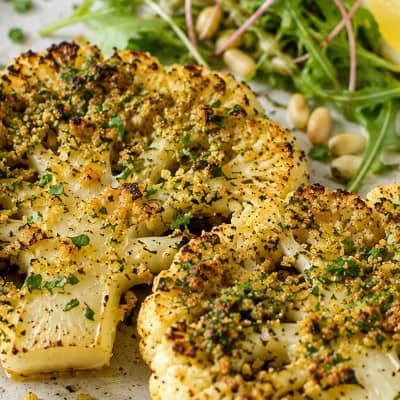 Nahaufnahme von basischen Blumenkohl-Steaks mit goldbrauner Kräuterkruste