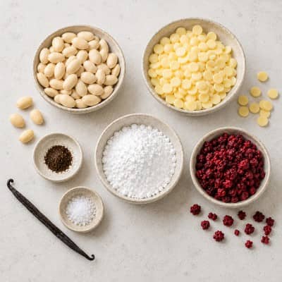 Zutaten für weiße Kirschschokolade mit Mandeln, Vanille, Kakaobutter und Sauerkirschen