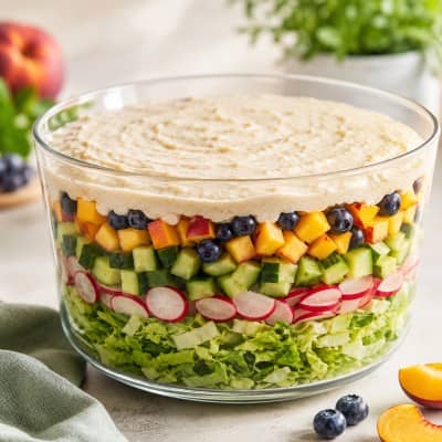 Basischer Schichtsalat mit Pfirsich, Heidelbeeren, Gurke, Radieschen und Mandeldressing