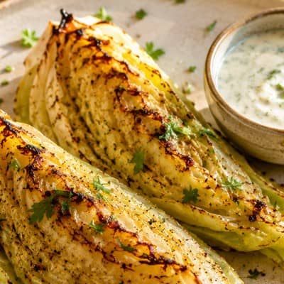 Gebackener Spitzkohl mit basischem Kräuterdip Nahaufnahme