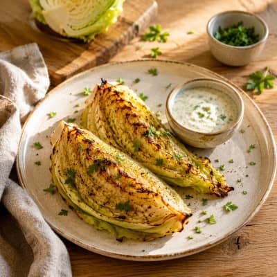 Gebackener Spitzkohl mit basischem Kräuterdip auf hellem Holztisch