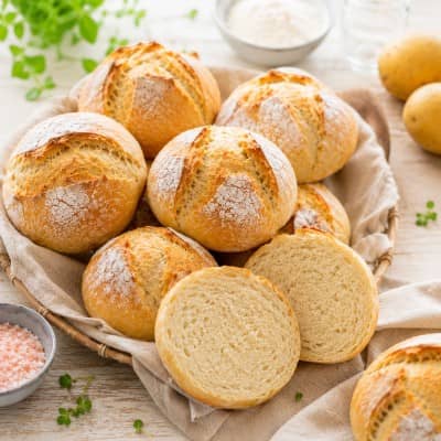 Aufgeschnittenes Kartoffelbrötchen mit lockerer Krume im Brotkorb