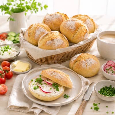 Belegtes Kartoffelbrötchen mit Frischkäse und Radieschen auf einem Teller