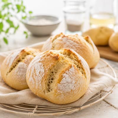 Frisch gebackene Kartoffelbrötchen auf einem Gitter mit Kartoffeln und Zutaten im Hintergrund