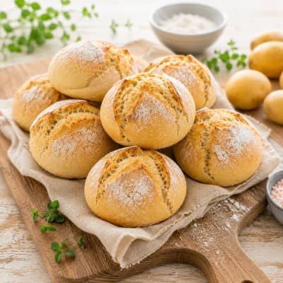 Frisch gebackene Kartoffelbrötchen auf einem Holzbrett mit Kartoffeln im Hintergrund