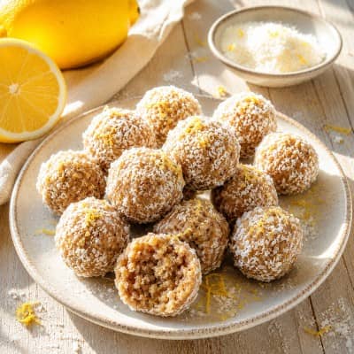 Basische Zitronen Kokos Bällchen auf einem Keramikteller als frischer Snack aus 5 Zutaten