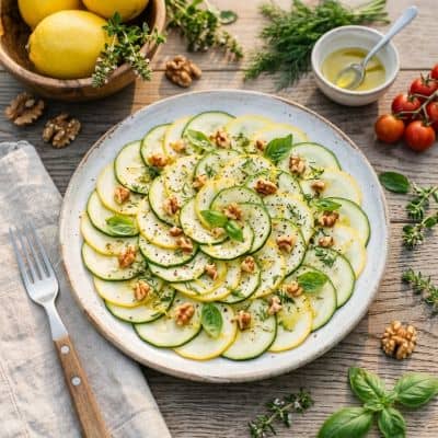 Zucchinischeiben mit Walnüssen und Kräutern auf einem Teller