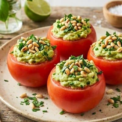 Gefüllte Tomaten mit Avocado-Creme und Pinienkernen auf beigem Teller Nahaufnahme