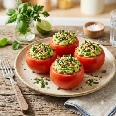 Gefüllte Tomaten mit Avocado-Creme und Pinienkernen auf beigem Teller
