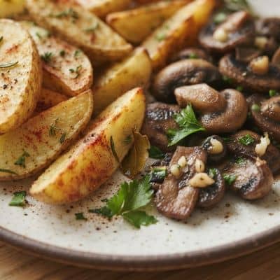Nahaufnahme von knusprigen Kartoffelwedges und herzhaften Champignons mit Kräutern