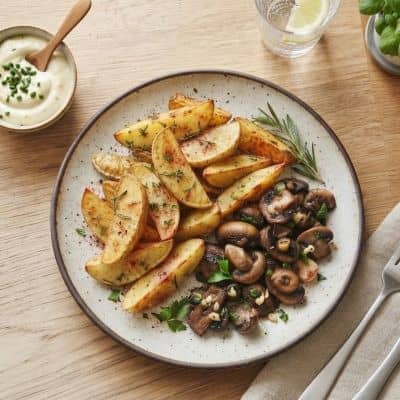 Draufsicht auf den Teller mit Kartoffelwedges und gebratenen Champignons.