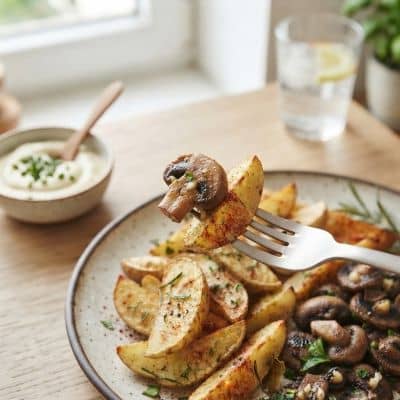 Gabel hebt Champignon und Kartoffelwedge aus dem Teller.