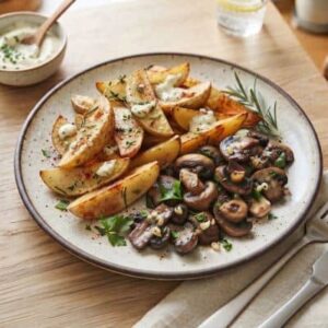 Knusprige Kartoffelwedges mit gebratenen Champignons und cremigem Knoblauch-Dip