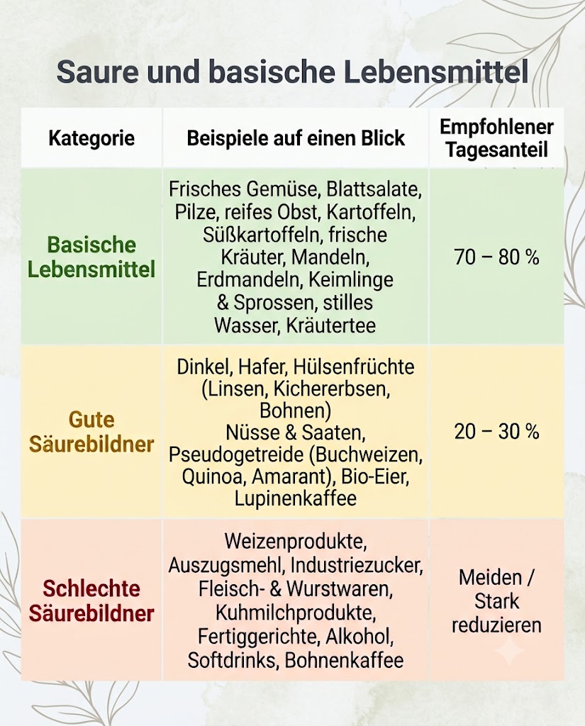 Übersichtstabelle für saure und basische Lebensmittel mit Einteilung in Kategorien und Tagesanteilen