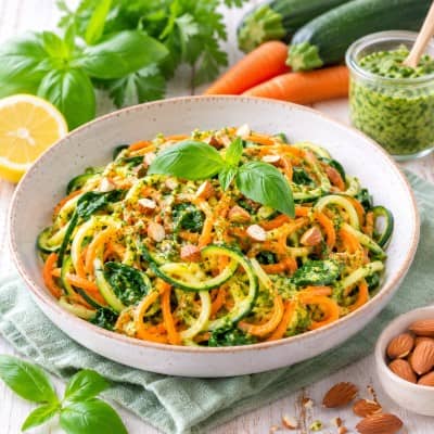 Warmer Zucchini-Möhren-Nudelsalat mit Spinat und cremigem Mandel-Kräuter-Pesto in einer Schale