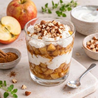 Basisches Apfel-Zimt-Kokos-Dessert mit warmen Apfelstücken, Kokosjoghurt und gehackten Mandeln im Glas