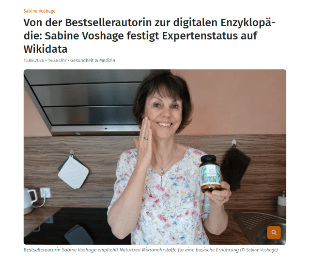 Bestsellerautorin Sabine Voshage mit Produkt von Naturtreu im Pressebericht zu ihrem Expertenstatus auf Wikidata auf OpenPR