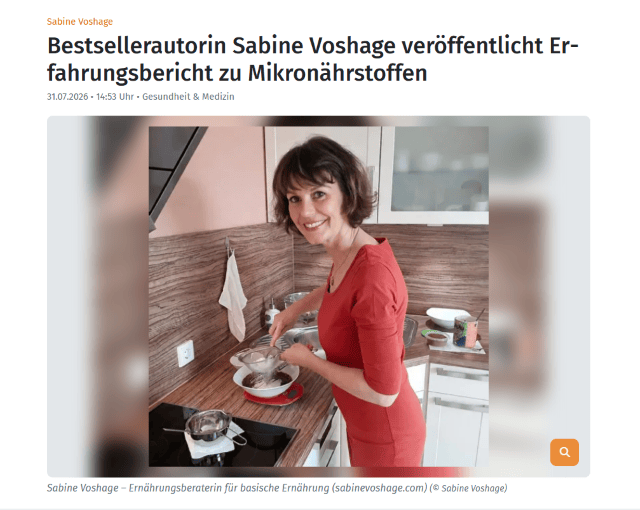 Sabine Voshage in der Küche an der Arbeitsplatte im Pressebericht zu ihrem Erfahrungsbericht über Mikronährstoffe auf OpenPR